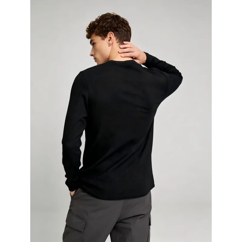 2026 Men Waffle Knit Basic Long Sleeve T‑Shirt Solid Black Crew Neck Loose Soft Casual Daily Tops For Autumn Winter