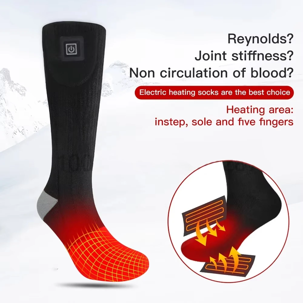 65 ℃   Calcetines calefactables eléctricos con estuche de batería, calcetines cálidos de invierno con botones controlables, calcetines calefactores para moto de nieve, caza, esquí, calcetín al aire libre