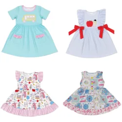Wholesale Baby Girl Summer Short Sleeves Dress Boutique Blue Clothes Kids Children Toddler Back To School Knee Length One Piece