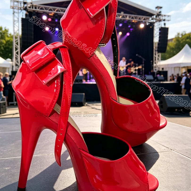 

Red Bowknot Decor Platform Sandals Ankle Buckle Cover Heels Peep Toe Stylish Summer Women Dancing Sandals Zapatos Para Mujere