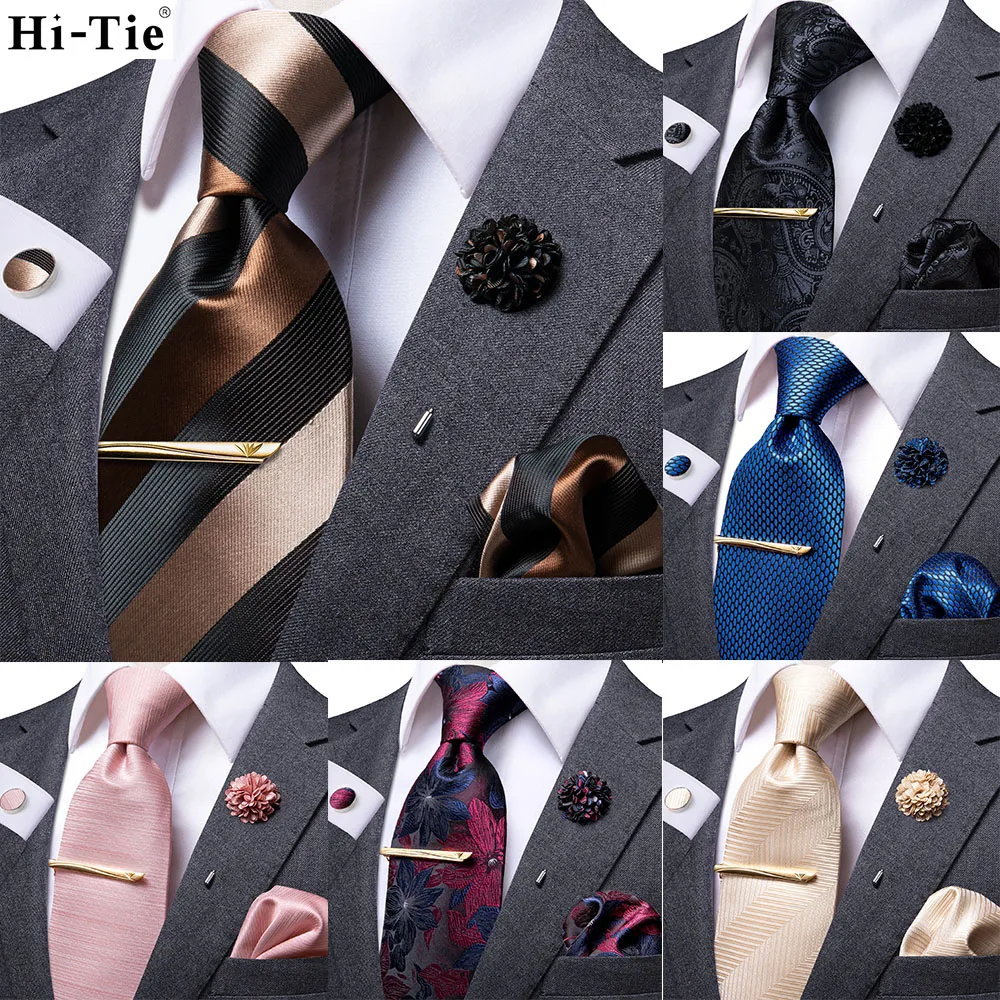 Hi-Tie Business Brown Black Striped Tie For Men Silk Men\'s Tie Clip Boutonniere Hanky Cufflinks Set Gift For Men Luxury Necktie