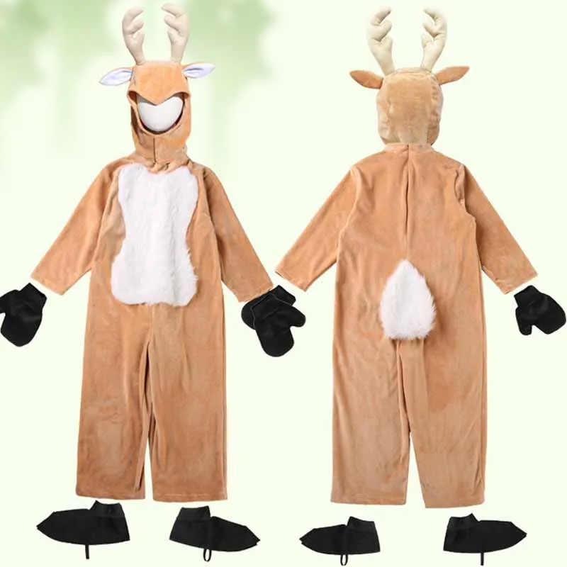 Детский карнавальный костюм оленя, цельный костюм со шляпой, комбинезон с капюшоном для выступлений на Хэллоуин и Рождество