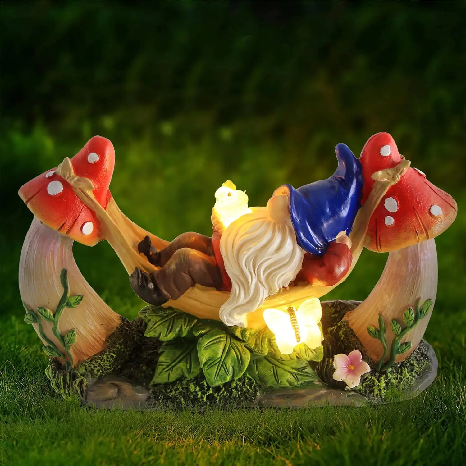 

Solar Garden Gnome on Hammock, Outdoor Decor Statue with Bird & Mushrooms, Magical Night Light for Patio, Yard - Unique Gift