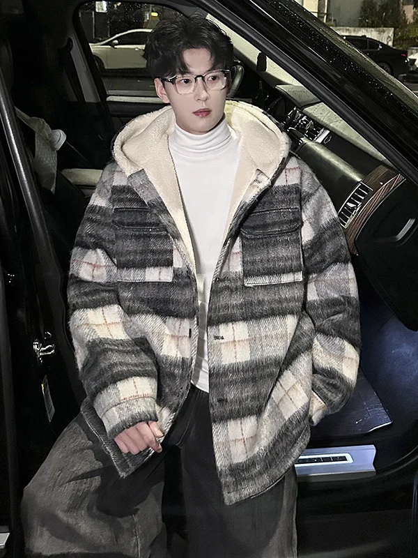 

Мужское шерстяное хлопковое пальто TANGZ STUDIO в клетку, свободного кроя, утепленное, осенне-зимнее, модное, в стиле «маленький аромат»