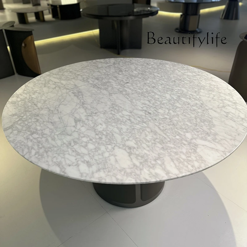 Natural Light Luxury High-Grade Marble Top round Table High-End Model Room Bianco Carrara Venato Luxury Stone Dining Table