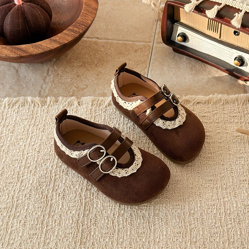 Girls Retro Mary Jane Shoes with Double Buckle Straps and Lace Trim Children Princess Shoes Kids Suede Flats Shoes Spring Autumn