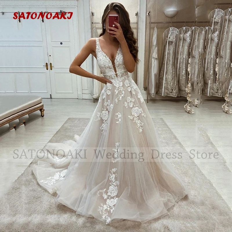 

Elegant Sexy Deep V-Neck Lace Wedding Dresses for Women A-Line Sweep Train Backless Bridal Gowns Vestido De Novia Custom Made