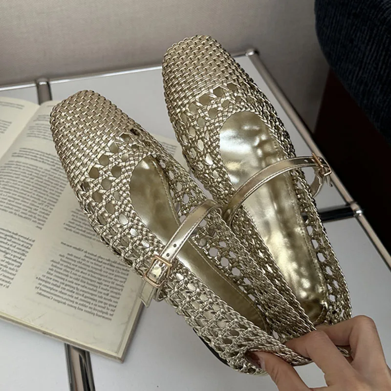 

Eilyken Summer Comfortable Weave Hollow Out Round Toe Flats Heels Women Sandals Elegant Buckle Strap Party Shoes