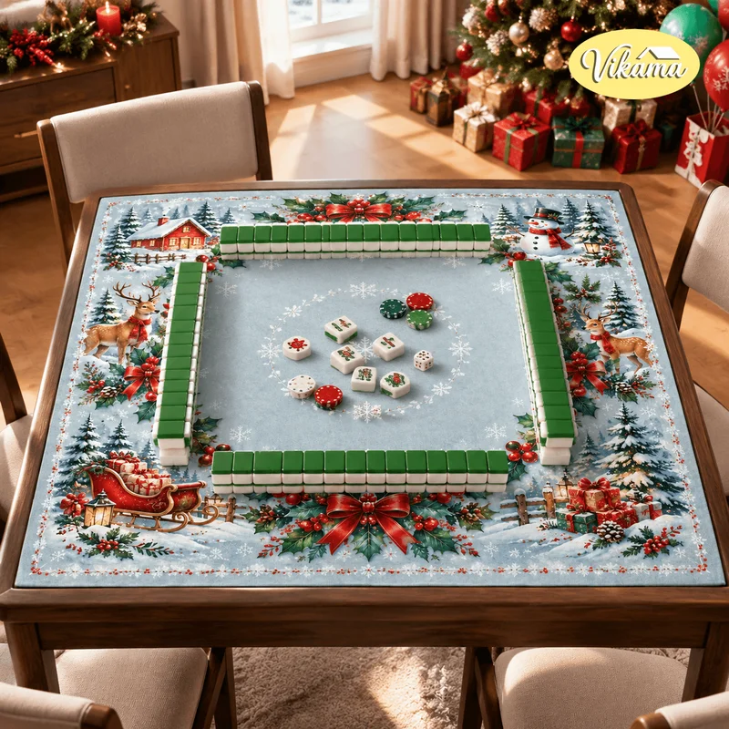 VIKAMA Holly Berry Bow Christmas Mahjong Table Mat Snowman Reindeer Sleigh Non Slip Noise Reduction Game Mat for Xmas Party