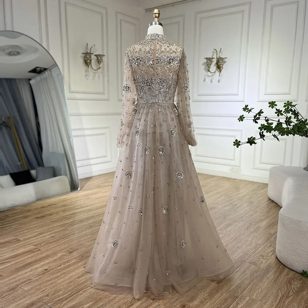 Customized Muslim Nude A-Line Beaded Luxury Elegant Dubai Long Evening  Dresses For Women Wedding Party 2025 LA72594