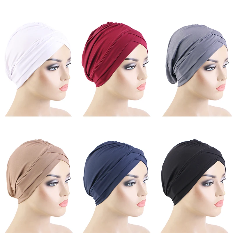 2 TEILE/LOS Klassische Plissee Turban Hut Elegante Einfarbig Kopf Wraps Kopftuch Atmungsaktive Elastische Mützen Chemo Kappe – Detail 2