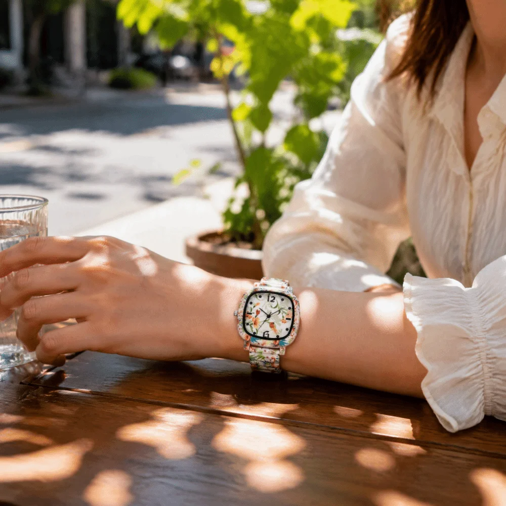 Stainless Steel Quartz Bracelet Watch Elastic Rainbow Gradient Square Wristwatch Colorful Floral Printed Stretch Strap Watch
