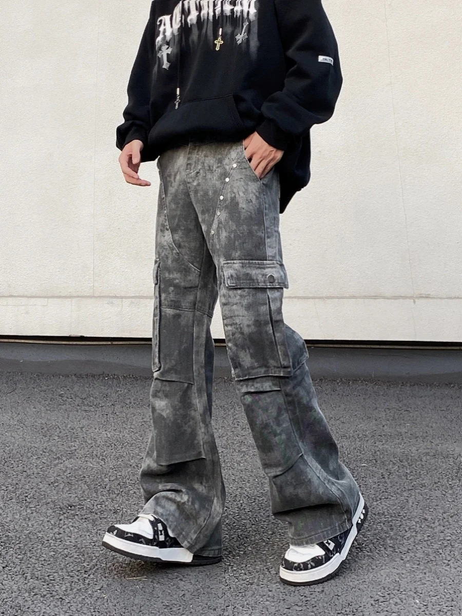 RORORIRI Men Rivets Denim Cargo Pants Women Camo Multi Pocket Retro American Low Wide Flare Jeans Vintage High Street Clothes