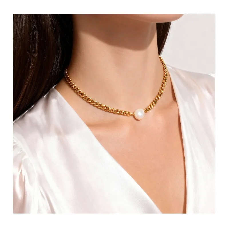

Stainless Steel Thick Chain Simple Single Pearl Necklace Fashion Light Luxury Temperament Gold-plated Versatile Jewelry
