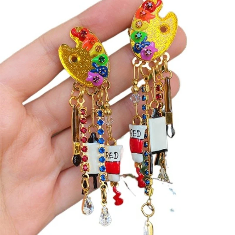 Great artist's paint slate, hand-painted enamel fun fringed earrings
