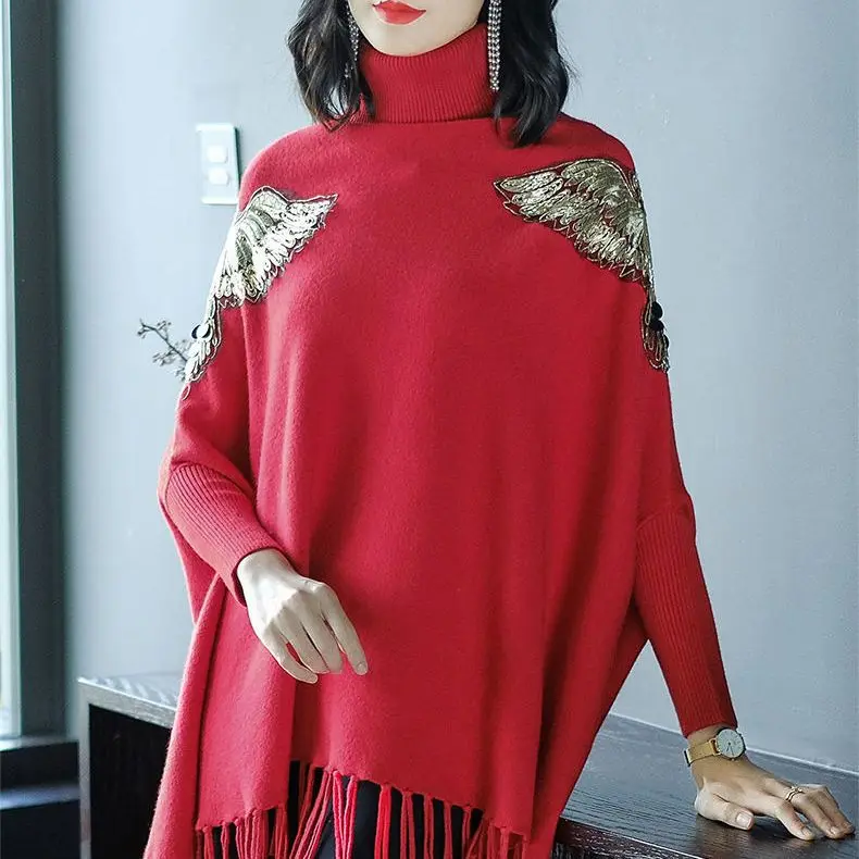 Autumn Pullover Poncho 2023 New Little Fragrant Women Relaxed Outwear Pullover Long Sleeve Sweater Knitted Bat Sweater Top Women