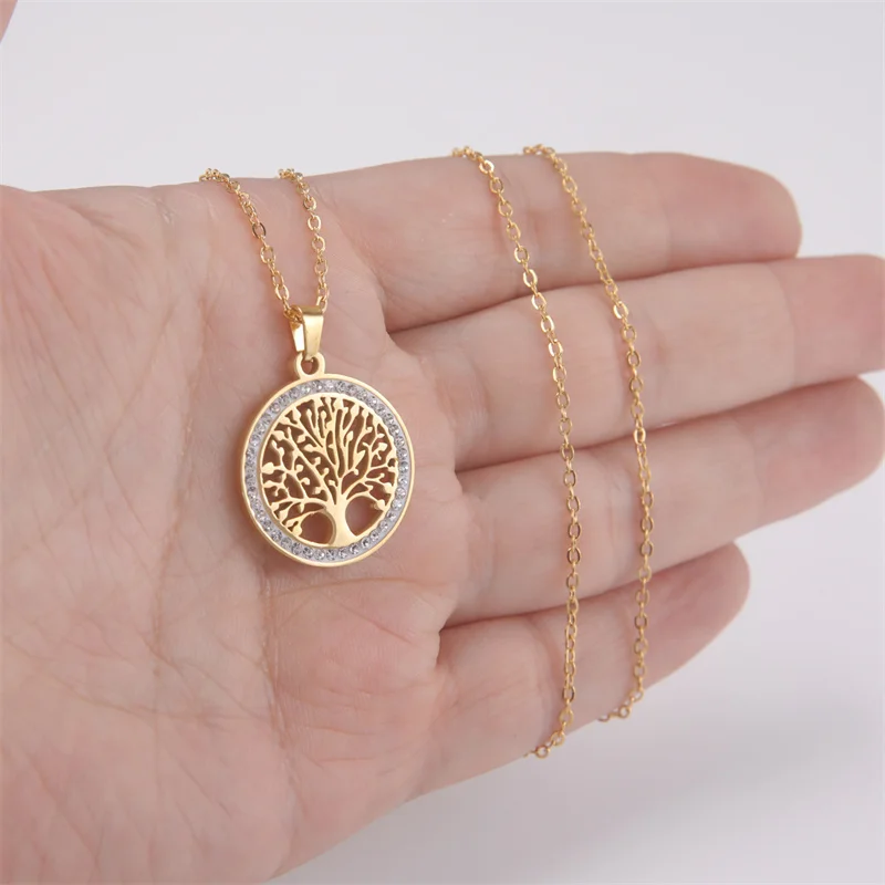 Trendy Edelstahl Strass Baum des Lebens Anhänger Halskette Für Frauen Charme Sommer Schlüsselbein Kette Schmuck Colgantes Cadena – Detail 3