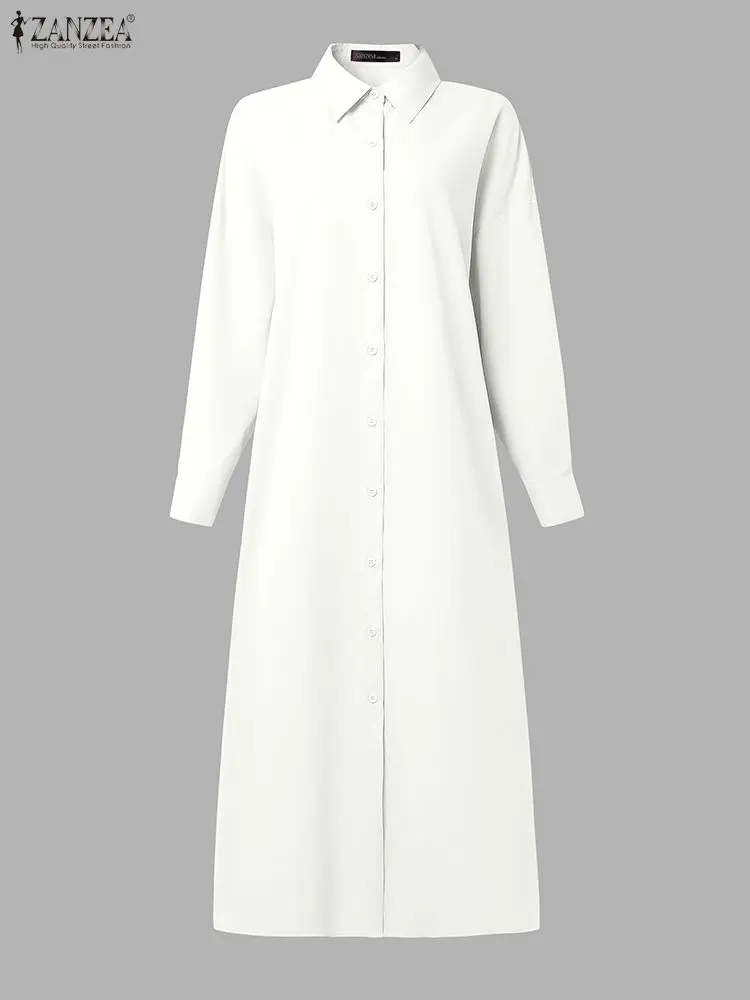 ZANZEA Moda Orlo a fessura Abiti lunghi Donna Casual Colletto rovesciato Manica lunga Bottoni Camicia tinta unita Abito da pendolarismo 3XL