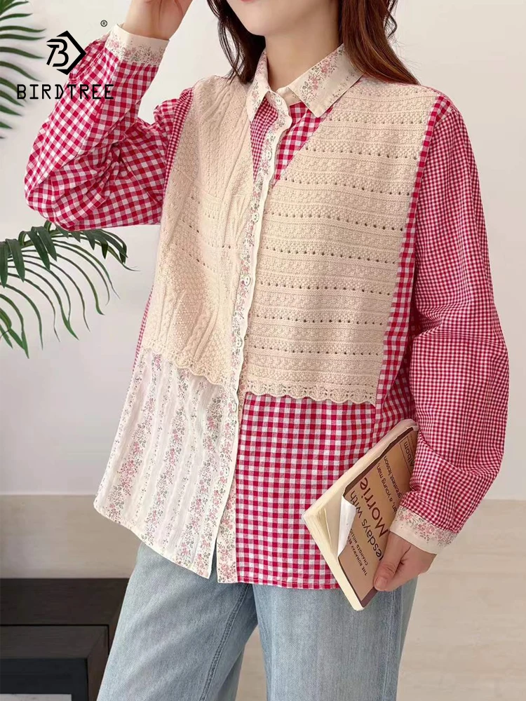 New 2025 Winter Cotton Long Sleeve Shirt, Women Lapel Woollen Patchwork, Mori Girl French Plaid Casual Loose Blouse T5N819CC