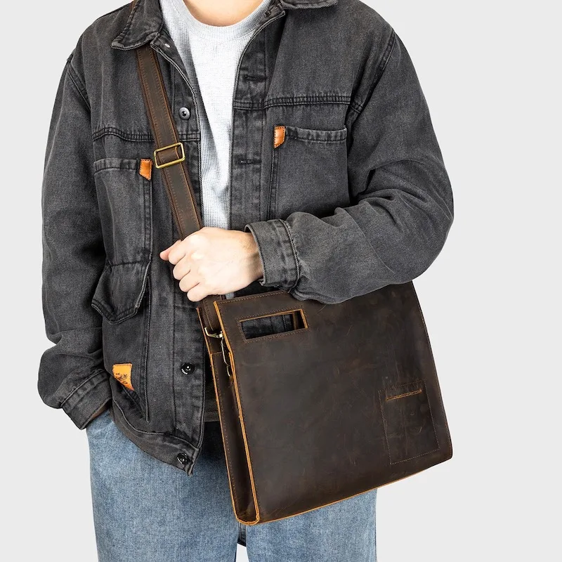 Borsa da ufficio da uomo valigetta con laptop da 11 pollici in tessuto impermeabile borsa a tracolla retrò in vera pelle borsa a tracolla