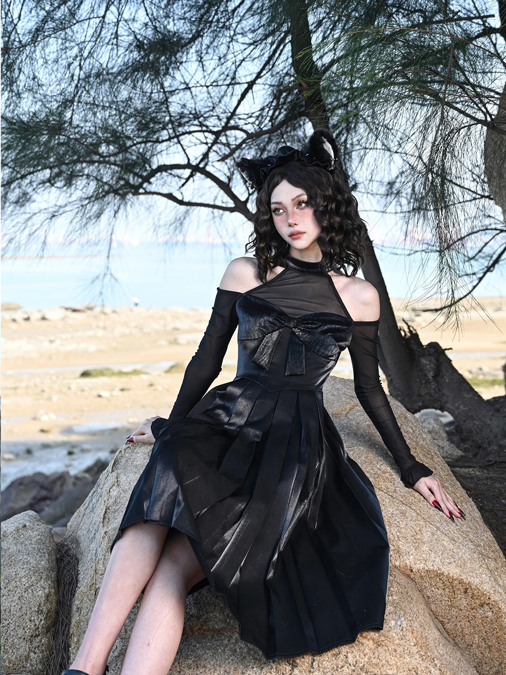 

Dark Goth Style Halloween Wear Dress Pleated Black for Women