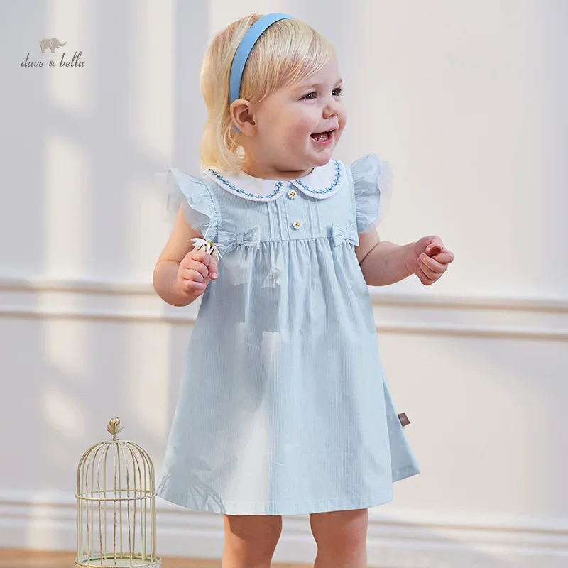 

Dave Bella Girl's Princess Dress 2024 New Summer Children's Baby Sleeveless Cute Sweet Blue Fashion Casual DB 2240415