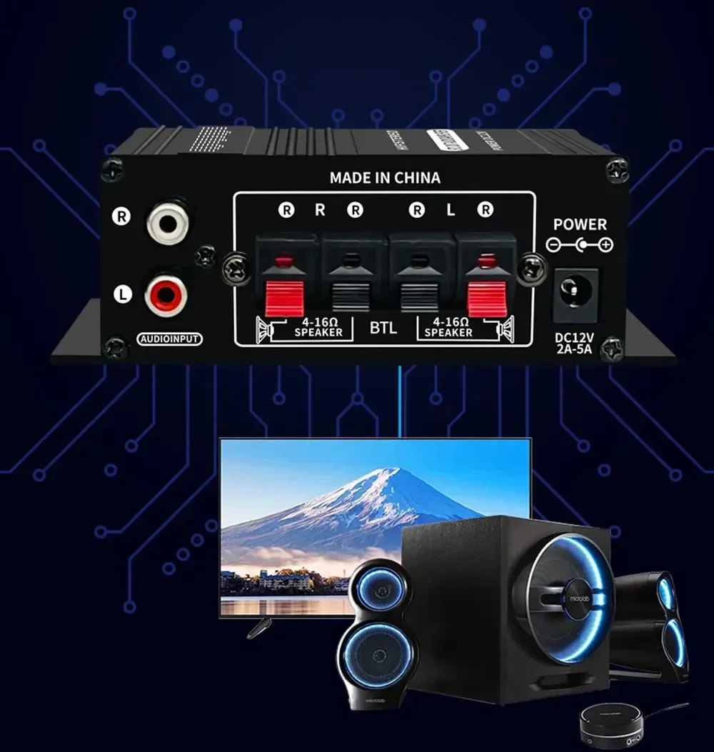 AK-270 HIFI Amplifikatör 2.0 Kanal Ev Amp Bas ve Tiz Ayarı Stereo Ses Ev Sineması Ses Sistemi DC12V Siyah MP3