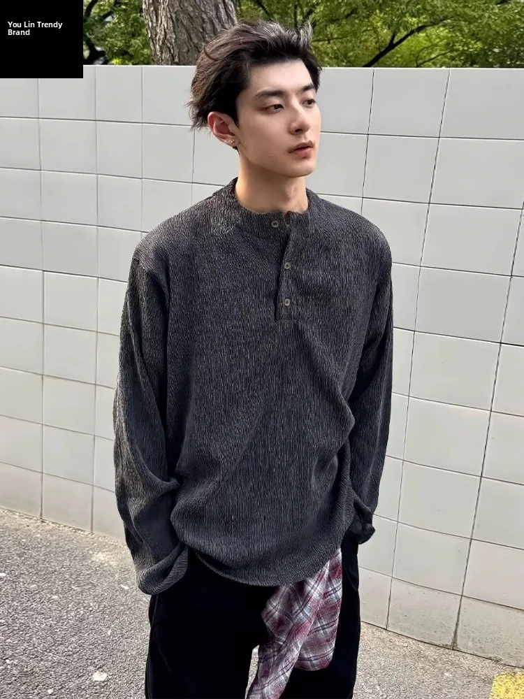 

Мужская рубашка Cleanfit с длинным рукавом, свитшот с отложным воротником Генри, текстурированная осенняя базовая рубашка в американском стиле, повседневная одежда