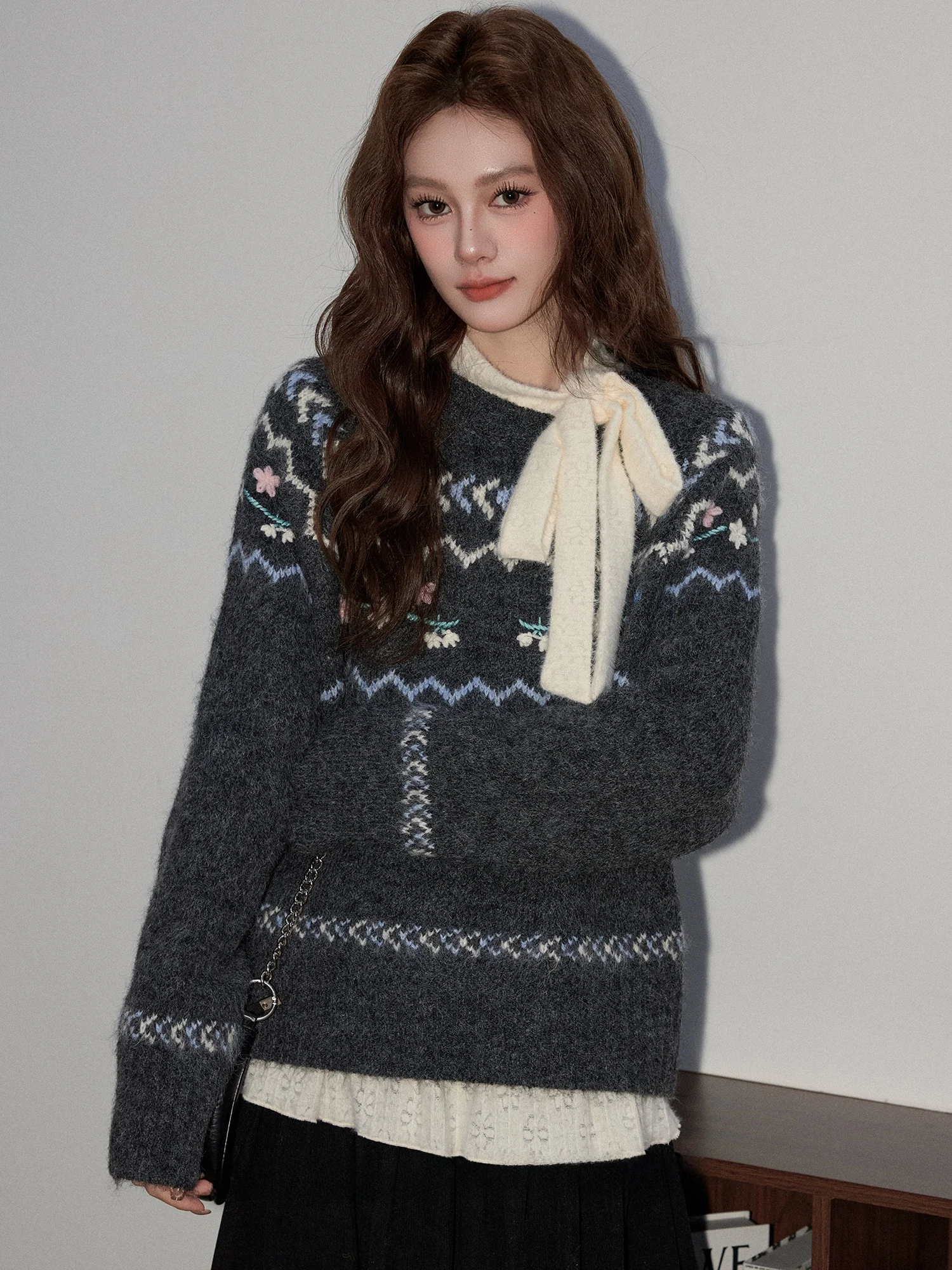 

Loose Long Sve round Ne Fair Isle Knit Sweater Women's Sle Autumn Winter Lazy Faion Soft Comfortable Casual Knitted Top