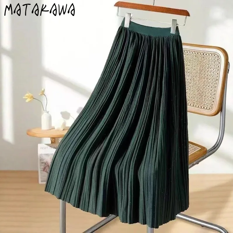 

Matakawa Autumn Winter Skirts Woman Solid Diamonds Solid A-line Elegant Long Skirt Korean Fashion Sweet Thick Faldas Mujer