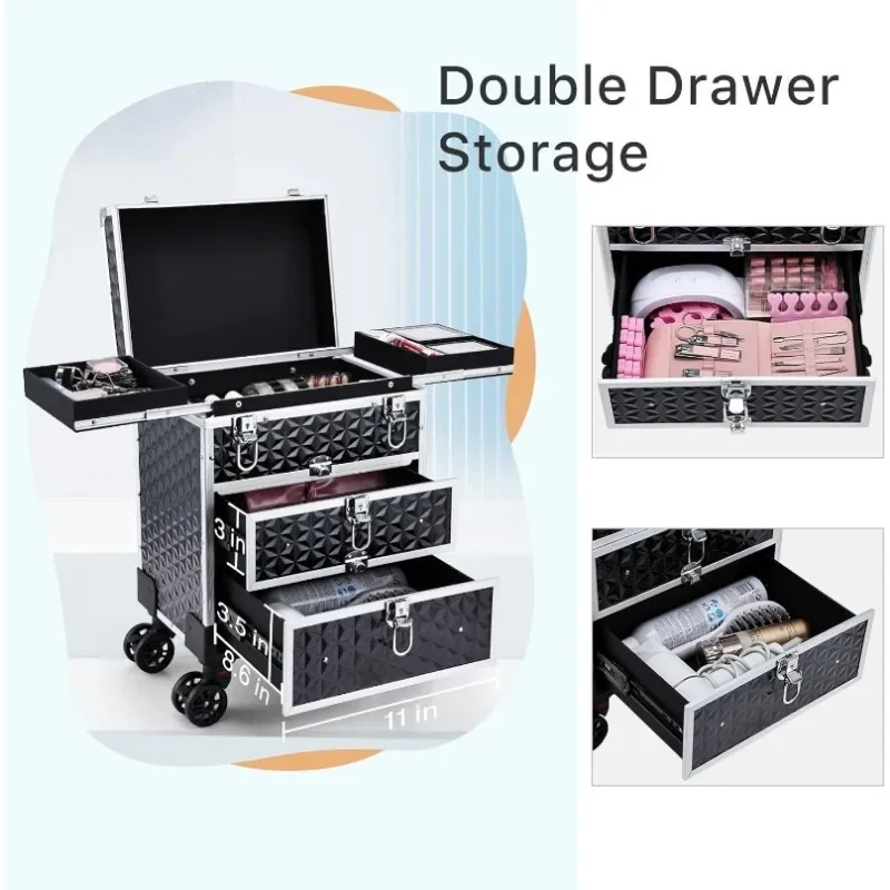 Makeup Case Aluminum Trolley Train Case with 360° Swivel Wheels for Makuep Artist Travel Cosmetic Organizer with Sliding Drawers