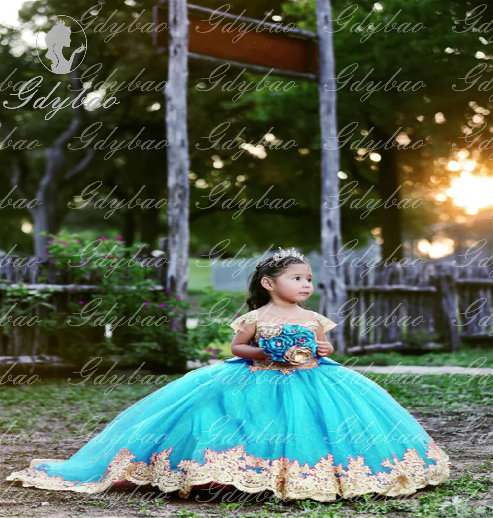 Vestidos de menina de flor de concurso de apliques de renda dourada para casamento mangas completas apliques de renda princesa vestido de primeira comunhão para crianças