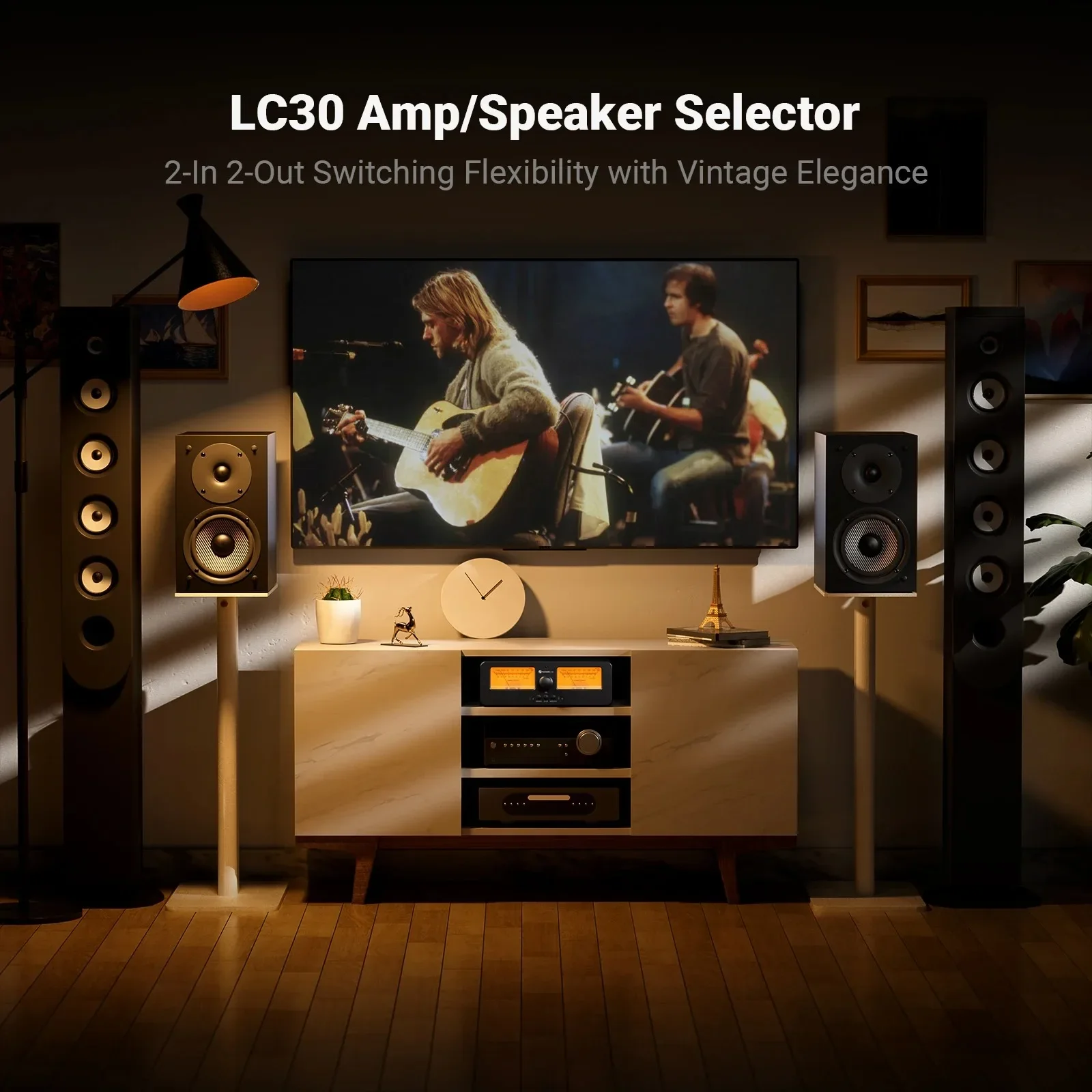 Hot Selling Fosi Audio LC30 Amplifier Speaker Switcher 2-in-2 Out Dual Analog VU Meter Audio Switcher Box with DB Panel Display