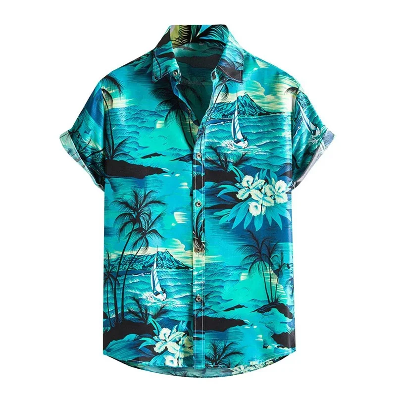 Hawaiian flower leaves 3D printed shirt men\'s beach holiday lapel top fashion short sleeve street summer