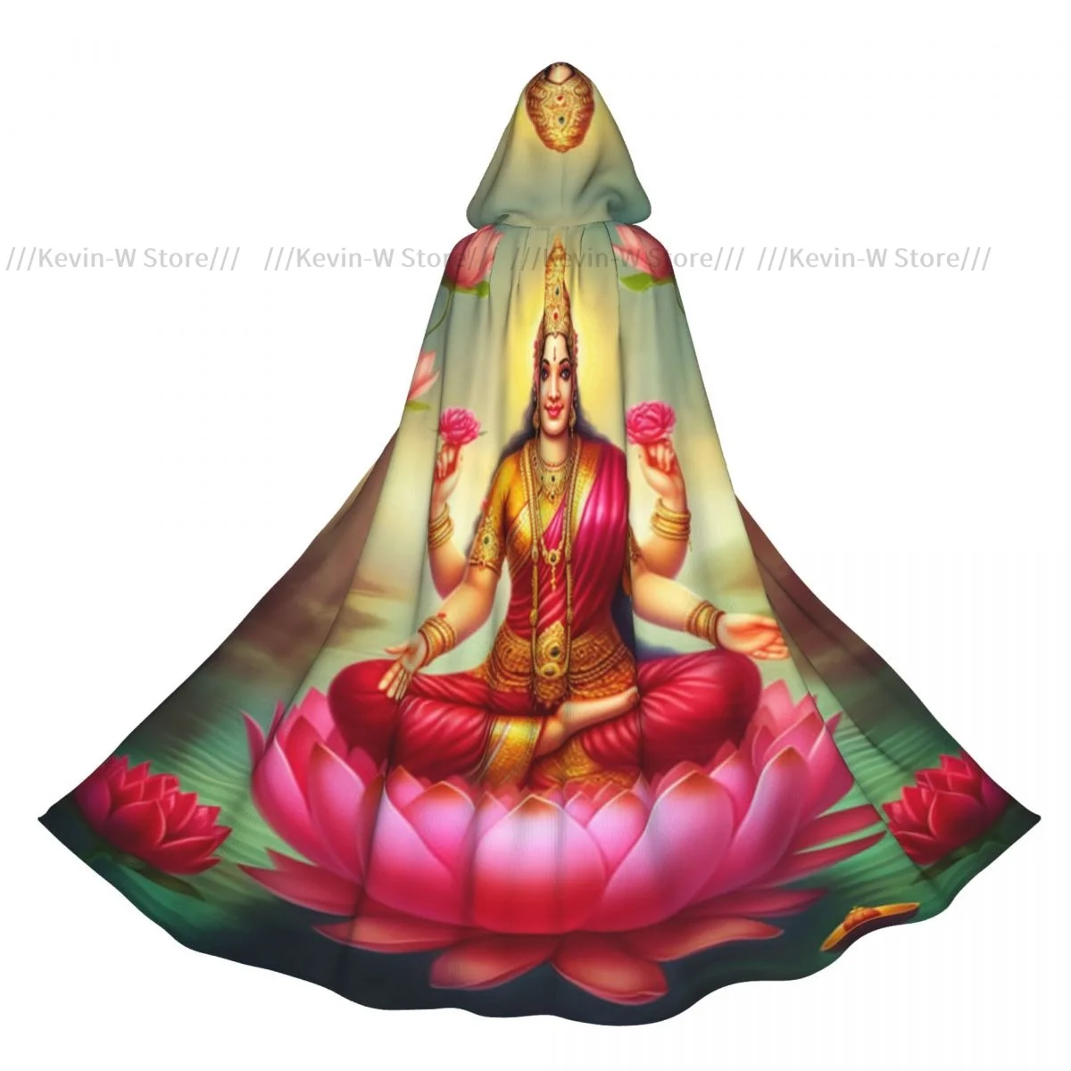 Goddess Laxmi With Divine Aura And Seated On Lotus Flower Hooded Cloak Polyester Unisex Witch Cape Costume Accessory