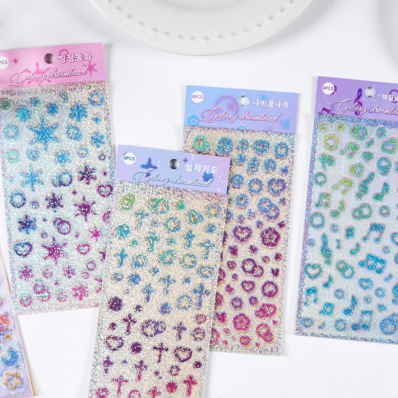 6pcs/bag Laser Glitter Flat Sticker DIY Cute Label Sticker Waterproof Decorative Sticker For Diary Album Scrapbooking Material