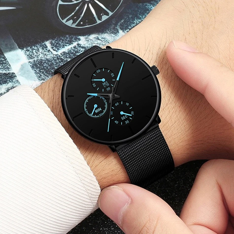 Fashion Mens Business Black Watches Luxury Stainless Steel Ultra Thin Mesh Belt orologio da polso da uomo al quarzo Casual Classic orologio da uomo