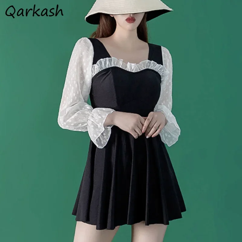 Cover-up Women New Mesh Patchwork Black Flare Sleeve Pareos Playa Summer Swimwear Retro French Style Princess Chic Holiday Lady