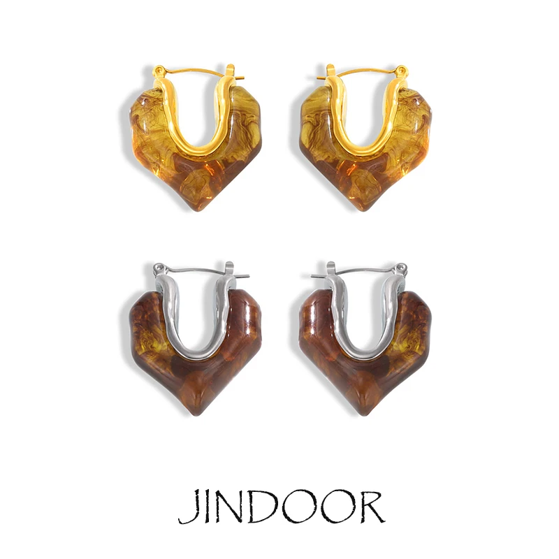 JINDOOR Titanium Steel Gold-Plated Hoops French Retro Irregular Resin Coffee Brown Earrings Design Sense Of Personality Earrings