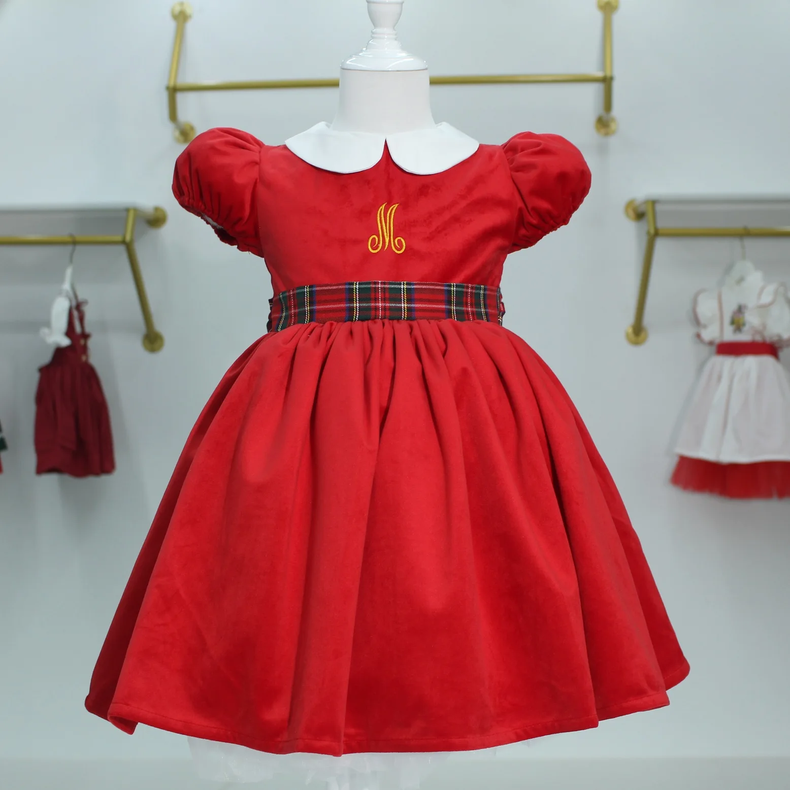 0-12Y Baby Girl Autumn Winter Red Velvet Letter Embroidery Vintage Spanish Princess Ball Gown Dress for Christmas Eid  C72
