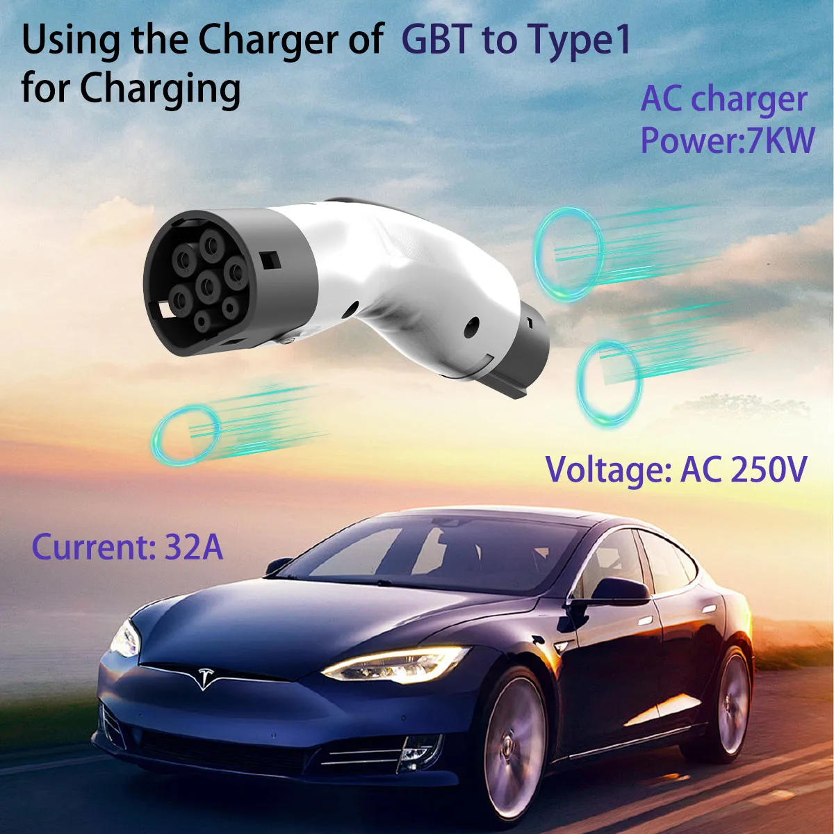 Elektrische Voertuig oplader adapter GBT naar Type1 AC 250V 32A 7KW met J1772 Oplaadaansluiting voor Tesla Ford General Motors