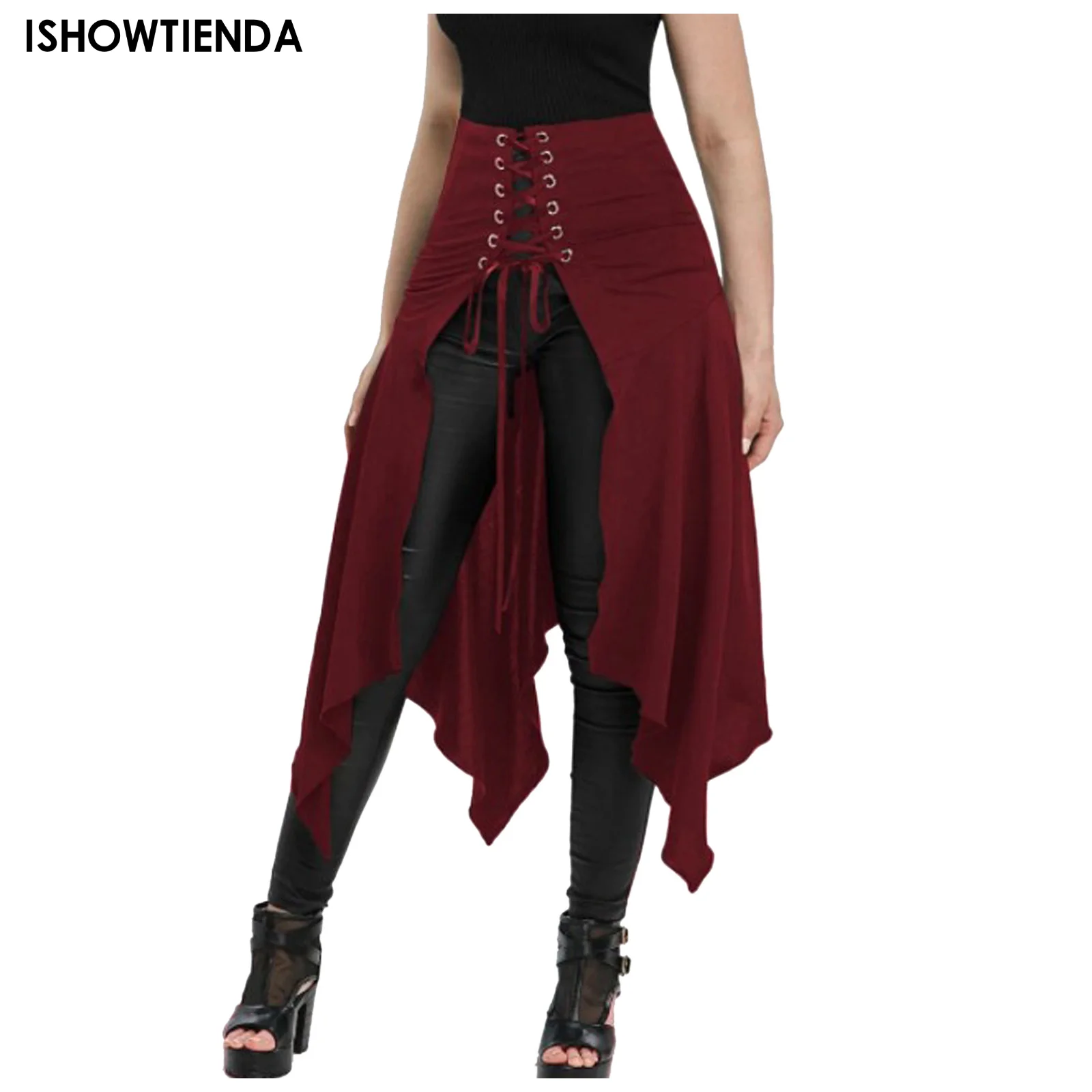 New Black Medieval Vintage Gothic Skirt High Waist Lacing Irregular Umbrella Skirt Halloween Steampunk Long Skirts For Women