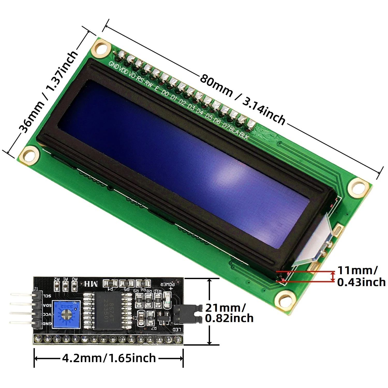 LCD1602 1602 LCD Module 16x2 Character LCD Display PCF8574T PCF8574 IIC I2C Interface 5V Blue / Yellow Green Screen for Arduino