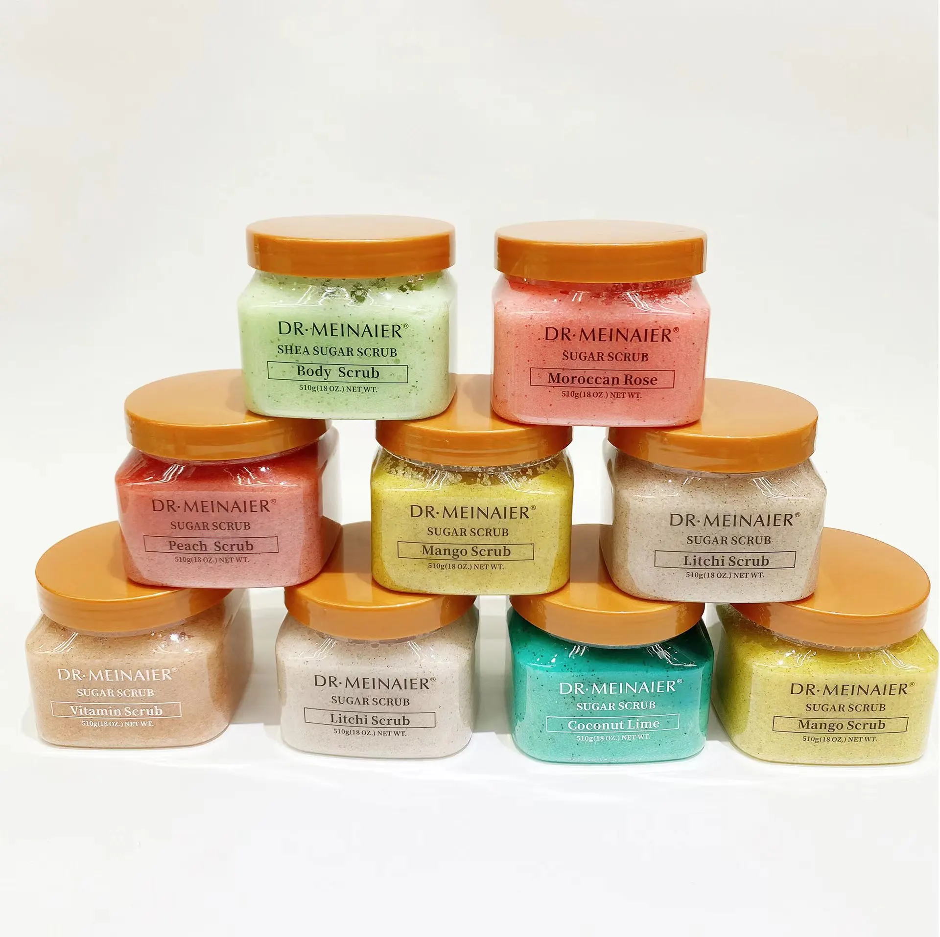 Sherbet Bodyscrub Skin Care Exfoliating Whitening อินทรีย์พีชผลไม้เกลือ Shea Sugar Body Scrub OEM ฉลากส่วนตัวธรรมชาติ