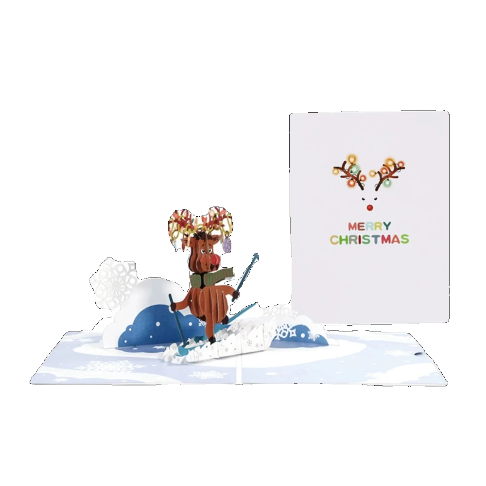 【Three-dimensional cardboard】Christmas 3D Greeting Card Skiing Reindeer Paper Carving Handmade Creative Blessing Message Card