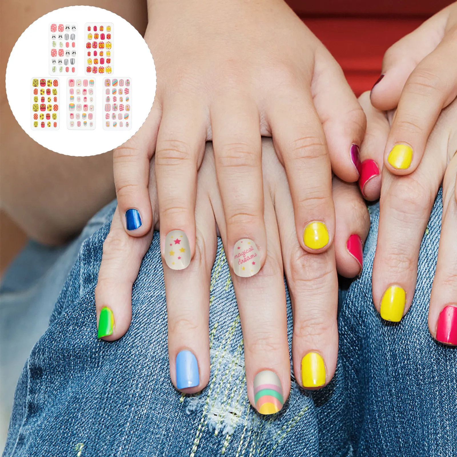 5 Boxes Detachable Cartoon False Tips Full Cover Fake Nails For Nail Art Design Bow Nail Decals Beauty Salon