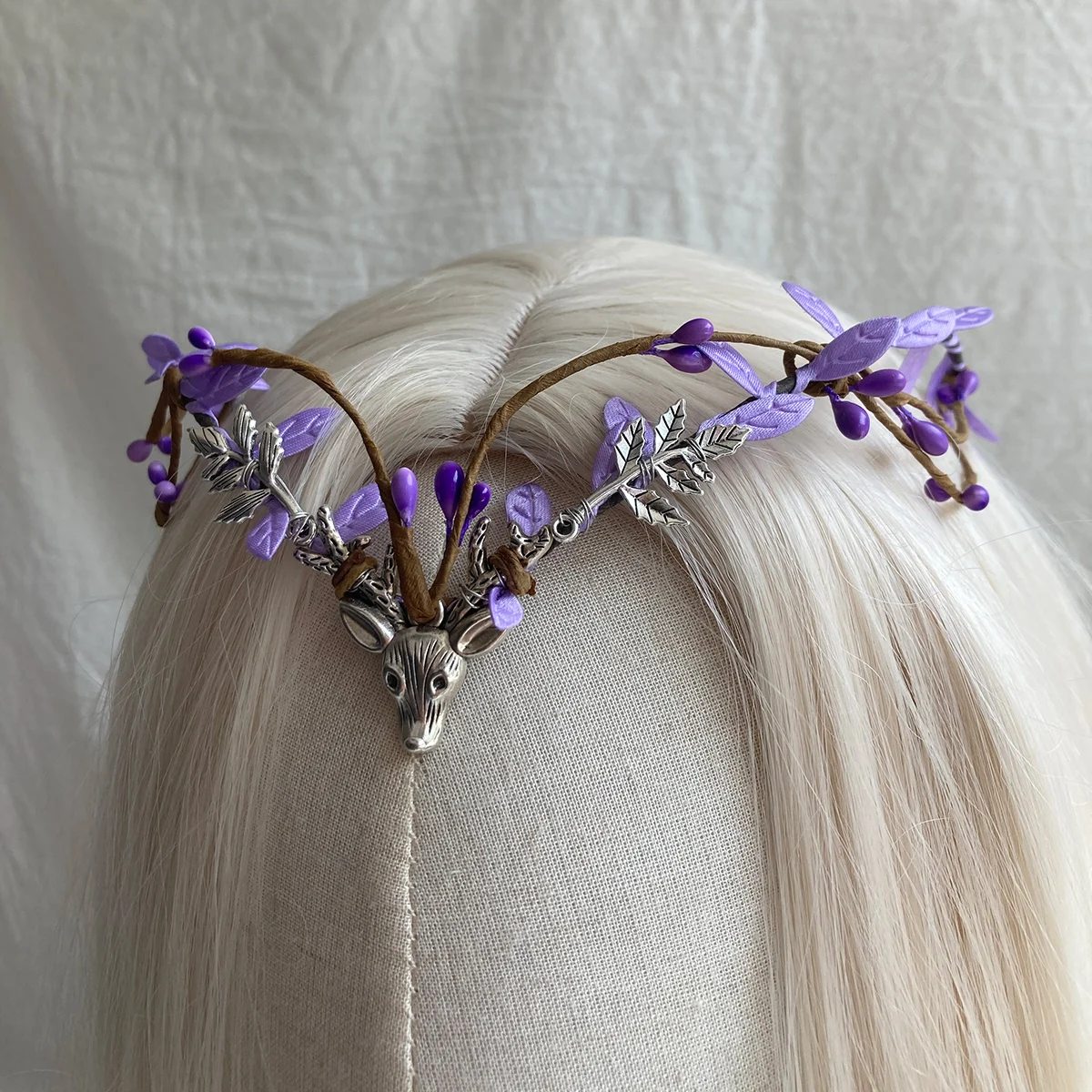 Bando pengantin Boho ELF Tiara, hiasan kepala Cosplay Peri kayu, mahkota ungu, hiasan kepala Elven rusa hidup, perhiasan dahi Renaissan