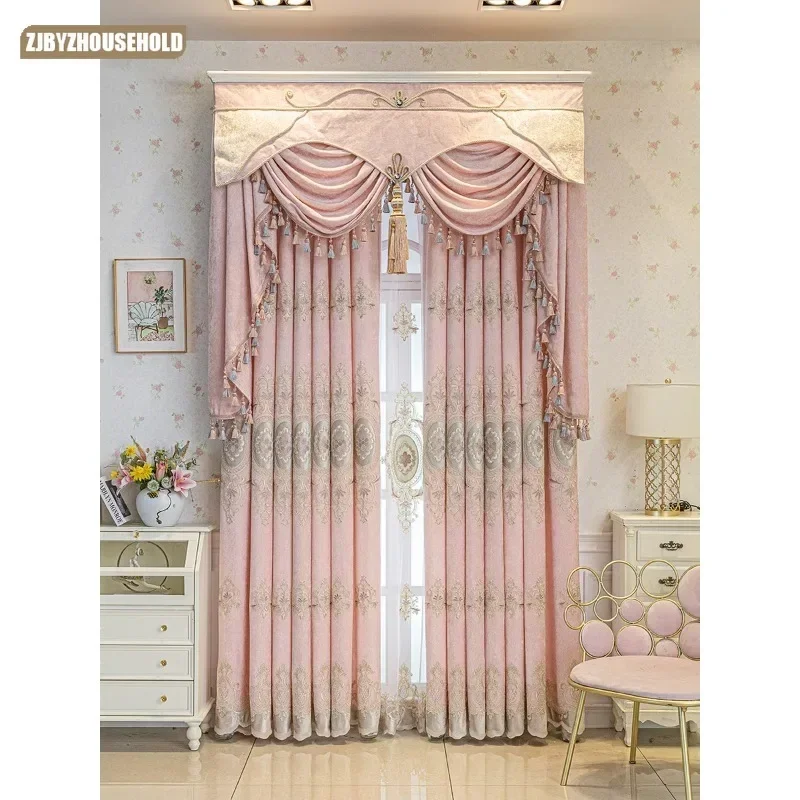 

High-grade New European Curtains for Living Dining Room Bedroom Chenille Pink Embroidery Girls Blackout Curtains Finished Window