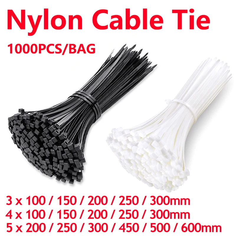 100-1000pcs Cable Straps High Tensile Self-locking Straps Nylon Tie Wraps Black & White For Warehouse Garden RV Vehicle Wiring
