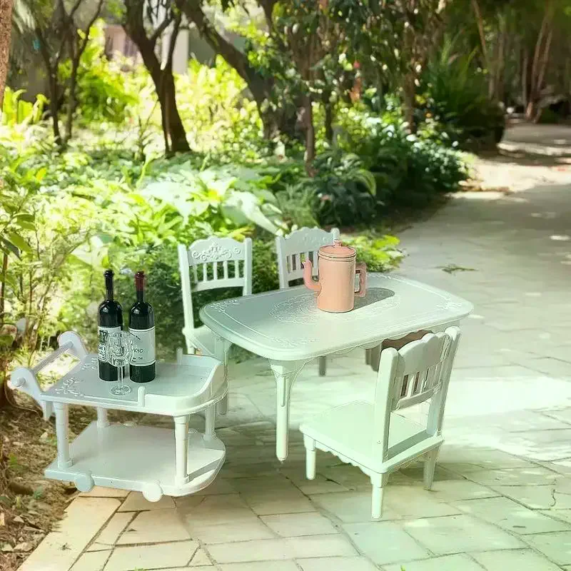 Carro de comida de plástico para casa de muñecas en miniatura 1:12, mesa y silla, modelo de muebles para el hogar, juguete de decoración para casa de muñecas